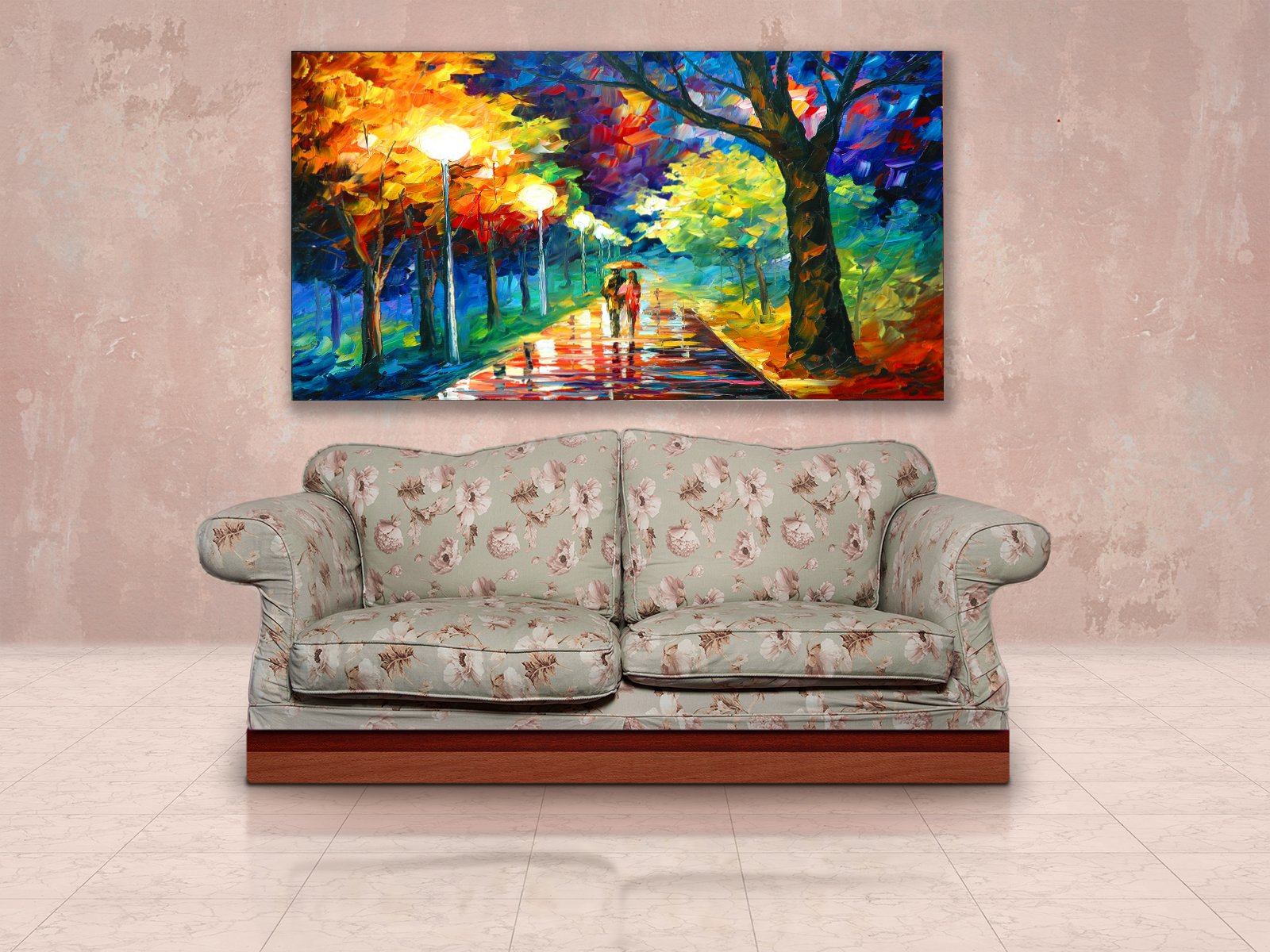 Classic Couple Walk in Rainy Day Premium Canvas Wall painting   decorative masterpiece for home decor